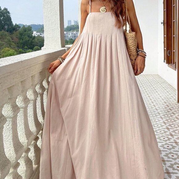 Dresses & Skirts - Apricot Boho Womens Linen-like Sleeveless Spaghetti Straps Loose Fit Beach Dress